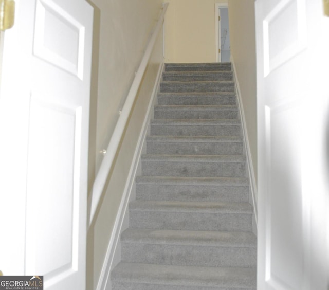 staircase featuring carpet