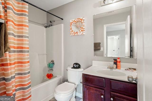 full bathroom with vanity, toilet, and shower / bathtub combination with curtain