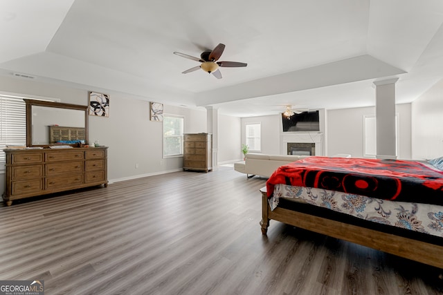 bedroom featuring hardwood / wood-style floors and ceiling fan