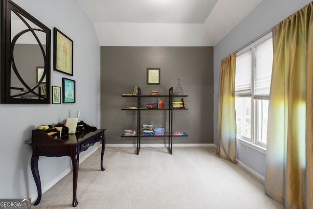 carpeted office space with vaulted ceiling