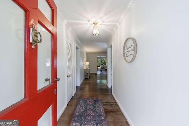 hall with dark hardwood / wood-style flooring and crown molding