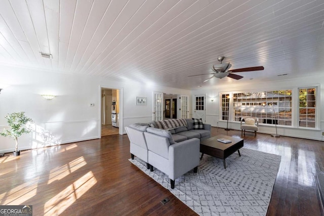 living room featuring dark hardwood / wood-style floors, ceiling fan, and wooden ceiling