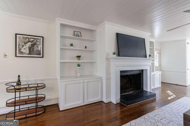 living room featuring crown molding, built in features, dark wood-type flooring, and wooden ceiling