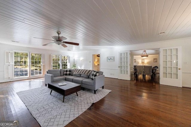 living room with dark hardwood / wood-style floors, ceiling fan, wood ceiling, and french doors