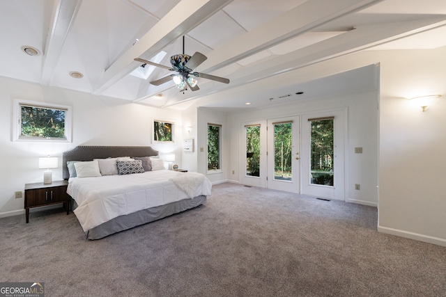 carpeted bedroom featuring ceiling fan, lofted ceiling with beams, and access to exterior