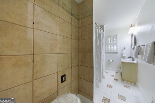 bathroom with tile patterned flooring, a shower with curtain, vanity, and crown molding