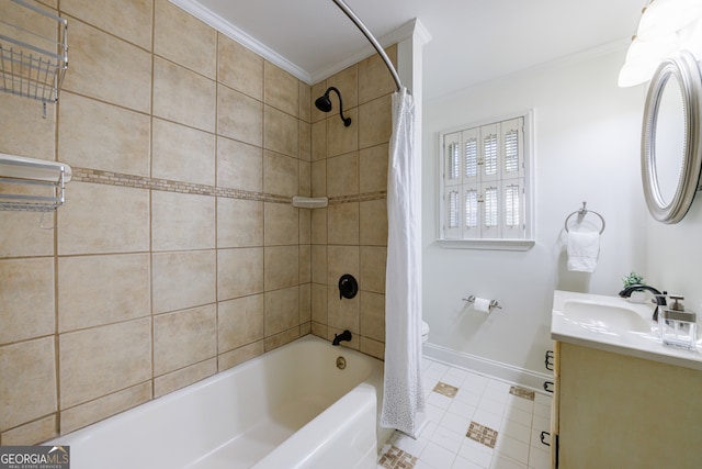 full bathroom featuring tile patterned flooring, crown molding, toilet, shower / tub combo with curtain, and vanity