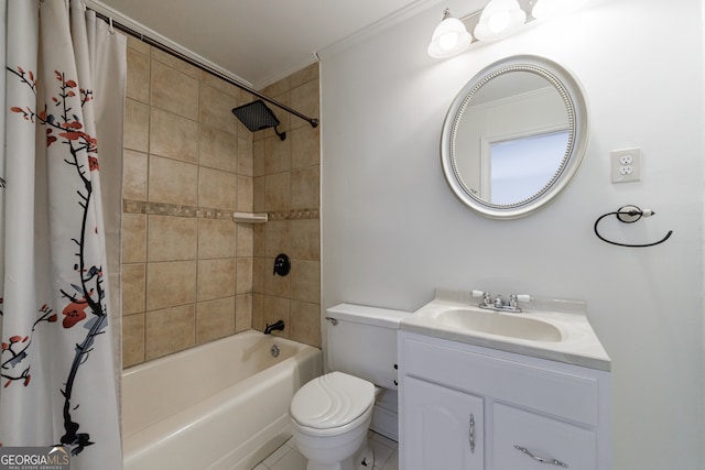 full bathroom featuring shower / tub combo, vanity, crown molding, tile patterned flooring, and toilet