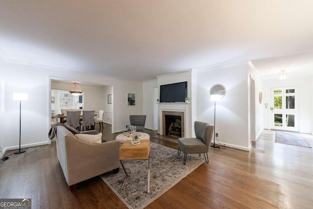 living room featuring a fireplace, hardwood / wood-style floors, and ornamental molding