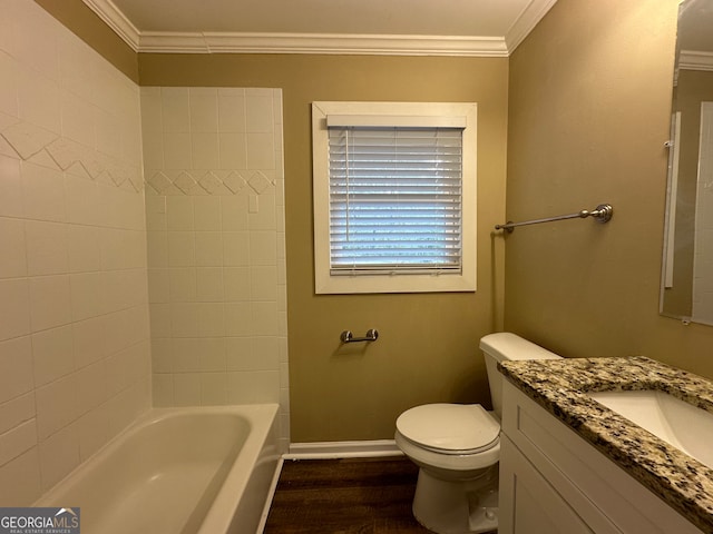 full bathroom with tiled shower / bath combo, ornamental molding, toilet, vanity, and hardwood / wood-style flooring