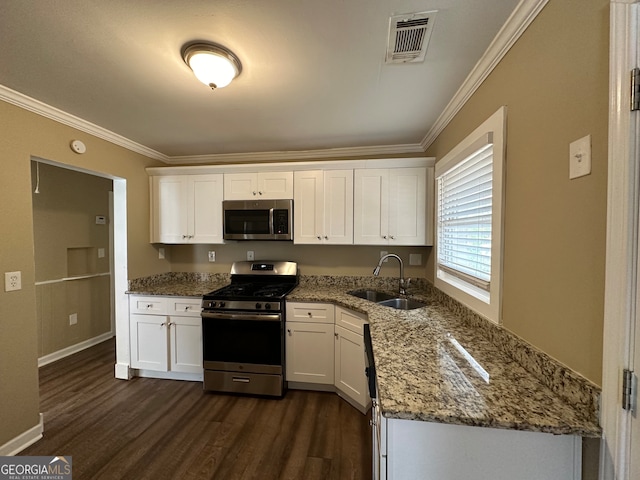 kitchen featuring white cabinets, appliances with stainless steel finishes, dark hardwood / wood-style flooring, and sink