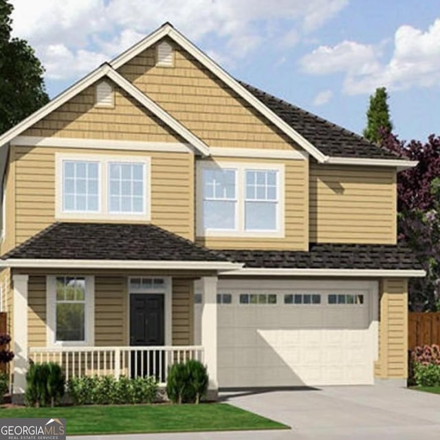 view of front of property featuring covered porch and a garage