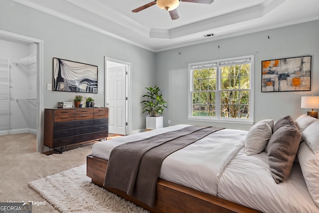 carpeted bedroom with ceiling fan, a spacious closet, ornamental molding, and a closet