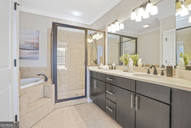 bathroom featuring tile patterned flooring, vanity, independent shower and bath, and crown molding