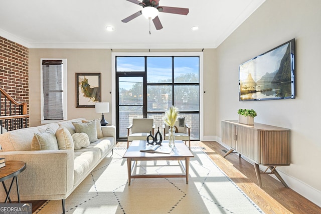 living room with ceiling fan, ornamental molding, and light wood-type flooring