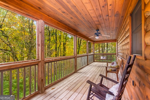 sunroom featuring ceiling fan and wood ceiling