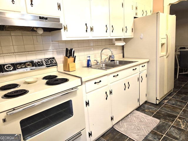 kitchen featuring white cabinetry, white appliances, sink, and tasteful backsplash