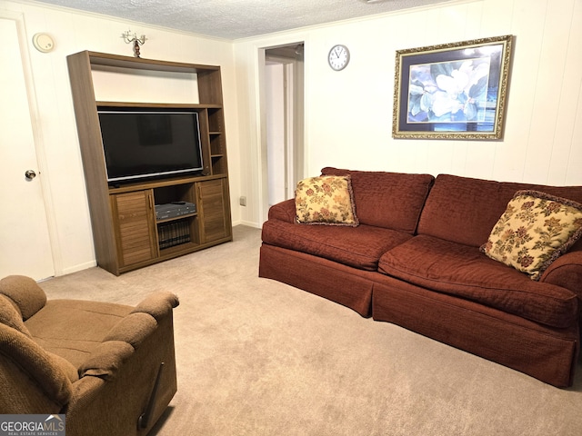 carpeted living room featuring a textured ceiling