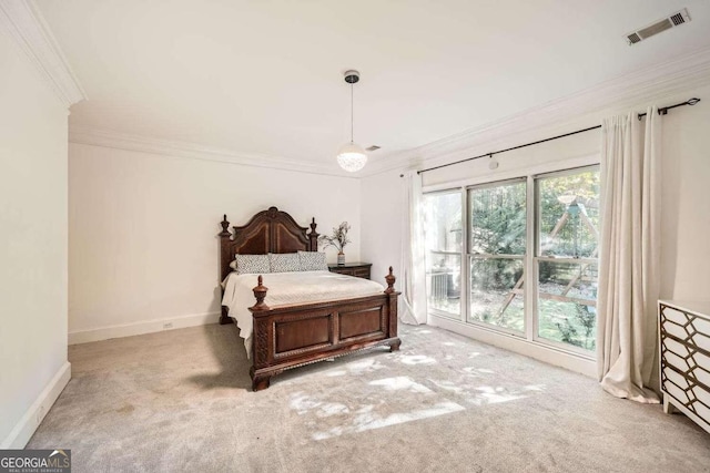 bedroom featuring ornamental molding, light carpet, and an inviting chandelier