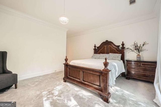 carpeted bedroom with crown molding