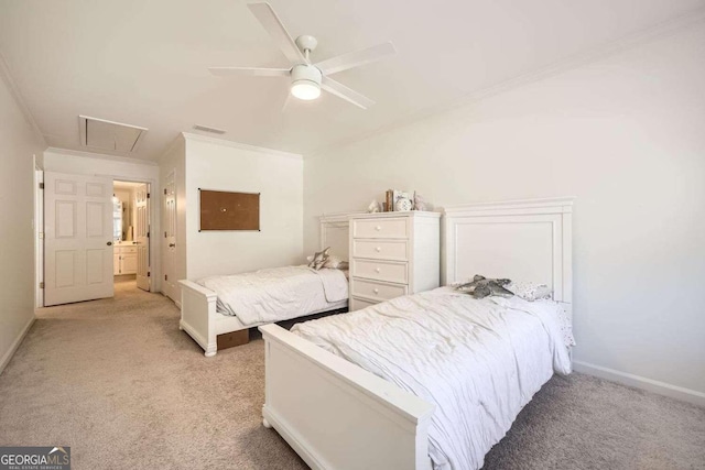 bedroom with light carpet, ensuite bathroom, ceiling fan, and crown molding