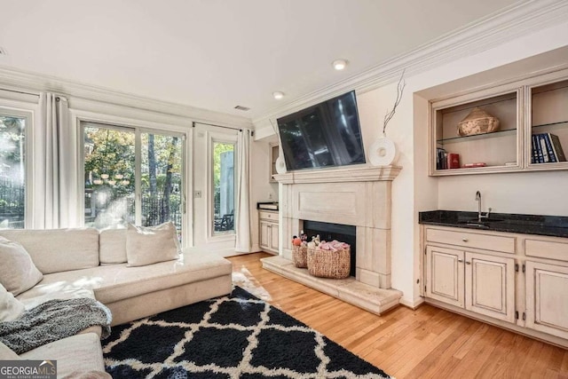 living room featuring crown molding, light hardwood / wood-style flooring, and wet bar