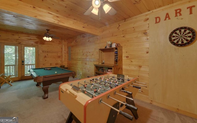 recreation room with french doors, light colored carpet, ceiling fan, and pool table