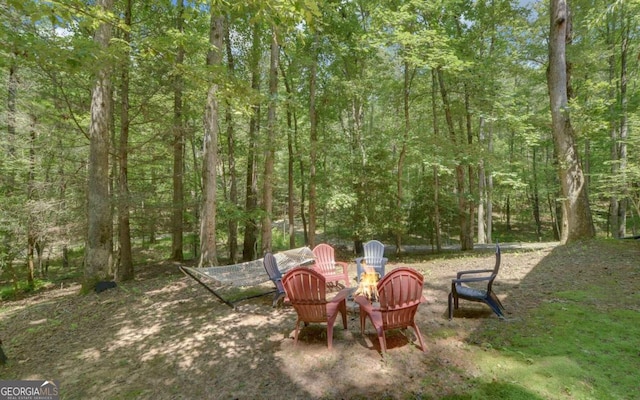 view of yard with an outdoor fire pit and a patio