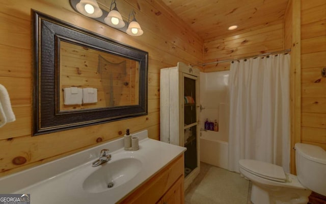 bathroom featuring wood ceiling, a shower with curtain, vanity, toilet, and wood walls