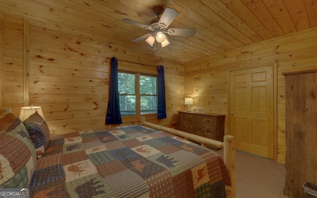 bedroom with ceiling fan, wood ceiling, and wooden walls