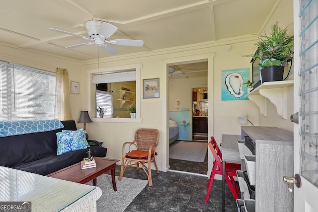 living room with ceiling fan