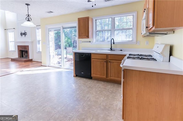 kitchen featuring a fireplace, black dishwasher, a healthy amount of sunlight, and sink