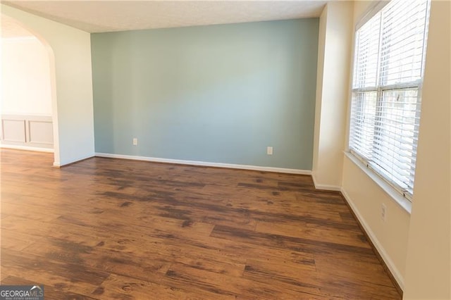 empty room featuring a wealth of natural light, dark hardwood / wood-style flooring, and a textured ceiling