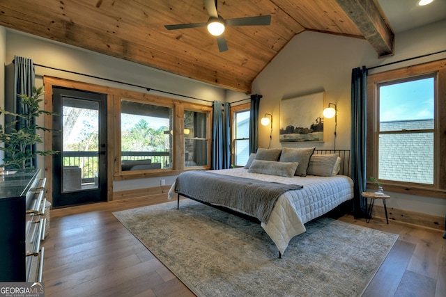 bedroom featuring hardwood / wood-style floors, lofted ceiling with beams, ceiling fan, access to exterior, and wood ceiling