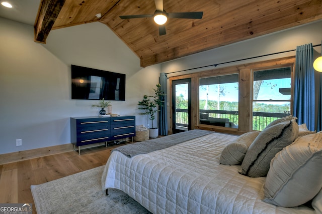 bedroom with light wood-type flooring, access to outside, ceiling fan, wooden ceiling, and vaulted ceiling with beams