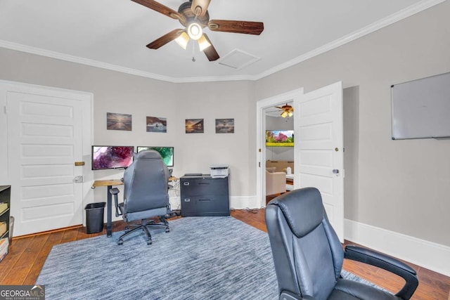 office area featuring dark hardwood / wood-style flooring and ornamental molding