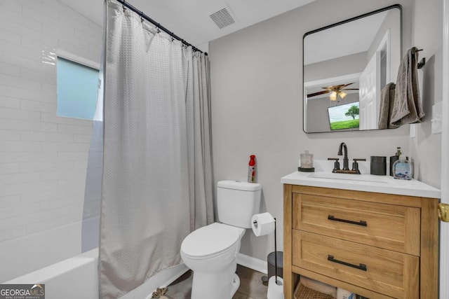 full bathroom with ceiling fan, shower / bath combo, tile patterned floors, toilet, and vanity