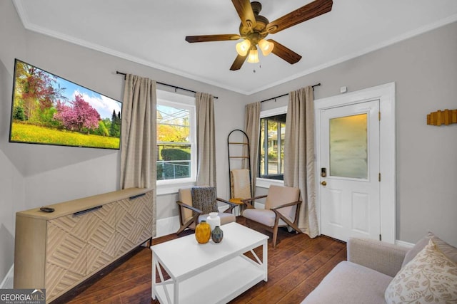 sitting room featuring ceiling fan, dark hardwood / wood-style flooring, and crown molding