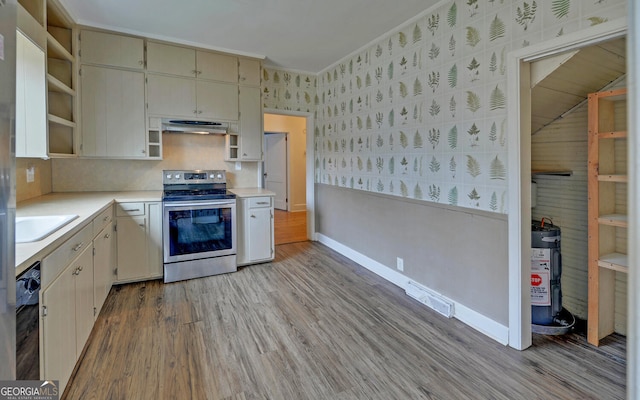 kitchen with sink, light hardwood / wood-style flooring, ornamental molding, stainless steel range with electric cooktop, and exhaust hood