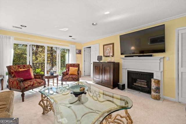 carpeted living room featuring ornamental molding