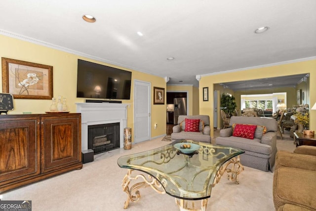 carpeted living room with crown molding