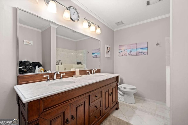 full bathroom with toilet, vanity, independent shower and bath, and ornamental molding