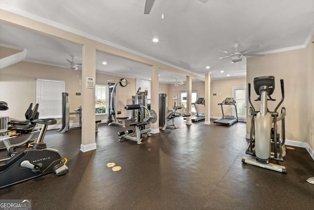 workout area featuring ornamental molding