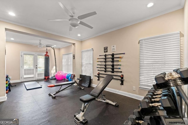 exercise area with french doors, ceiling fan, and ornamental molding