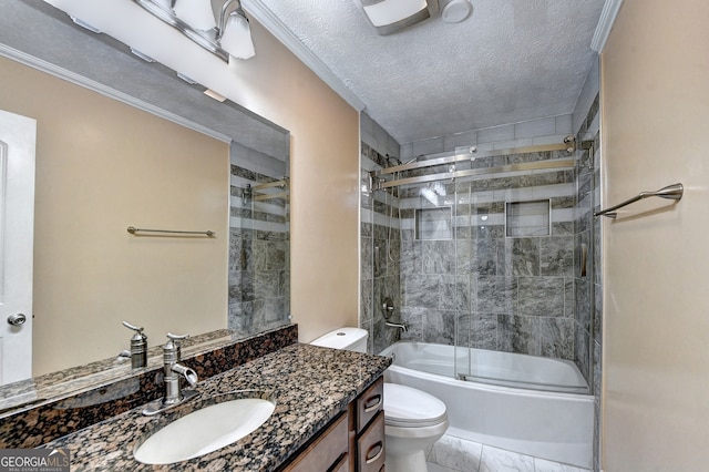 full bathroom featuring vanity, a textured ceiling, crown molding, enclosed tub / shower combo, and toilet