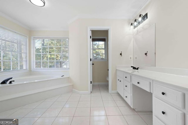 bathroom with tile patterned floors, crown molding, and a healthy amount of sunlight