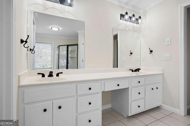 bathroom with tile patterned floors, vanity, an enclosed shower, and ornamental molding