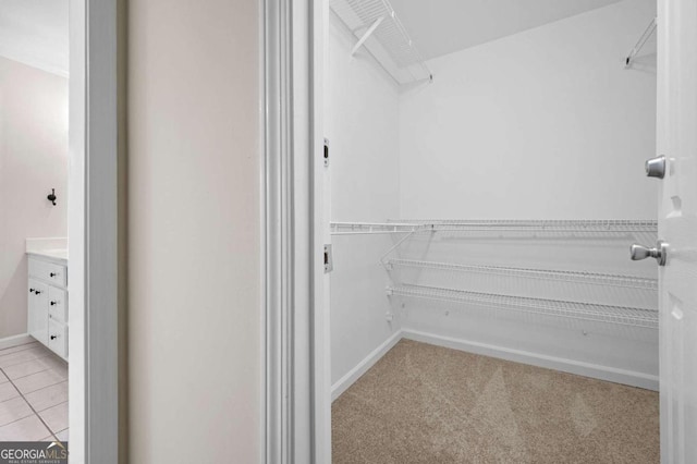 spacious closet featuring light carpet