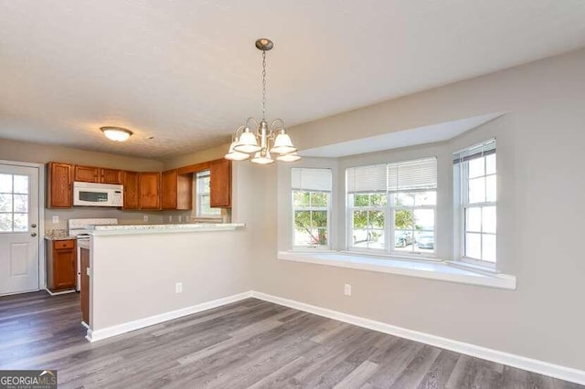 kitchen with kitchen peninsula, dark hardwood / wood-style floors, hanging light fixtures, and a notable chandelier