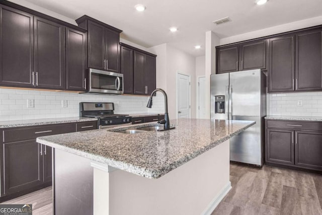 kitchen featuring sink, stainless steel appliances, an island with sink, decorative backsplash, and light wood-type flooring